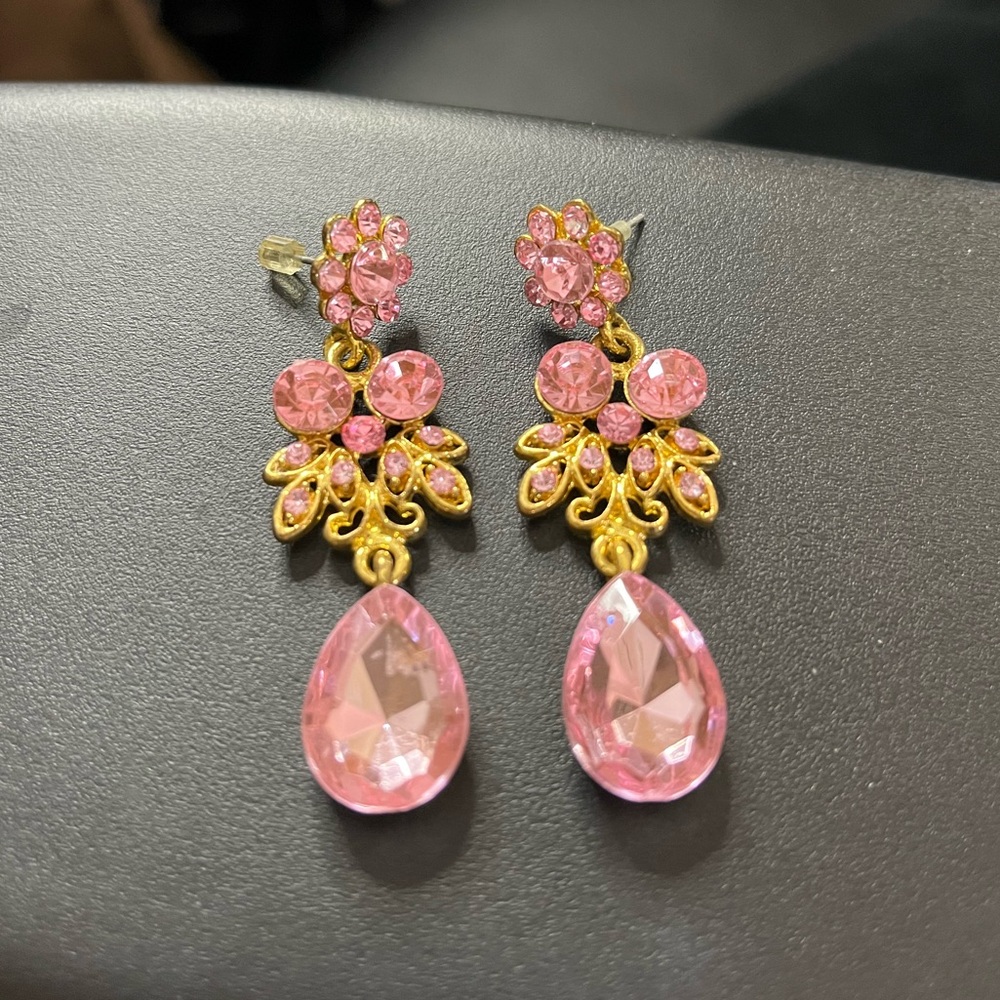 Pink Teardrop Crystal Dangle Earrings - Gold Tone